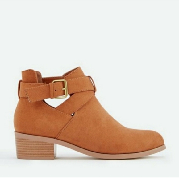 Justfab cognac brown gold buckle lowrider strappy block heel ankle booties - Picture 4 of 7